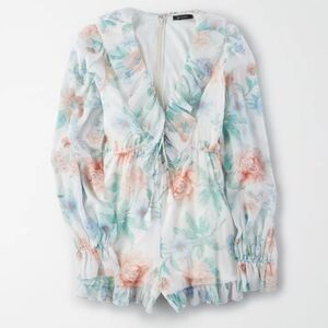 AE Studio Floral Romper Short with Ruffles, Medium, Coastal, Summer